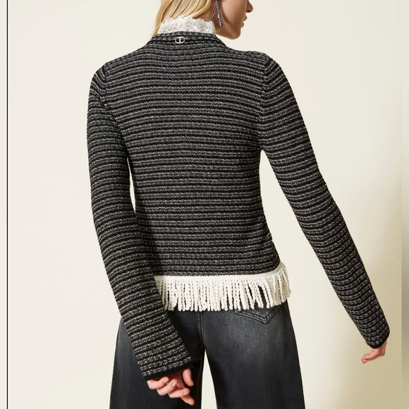 New Twinset Milano Sz M Jacquard Luxury Designer Cardigan Sweater Jacket Fringe - Picture 2 of 12